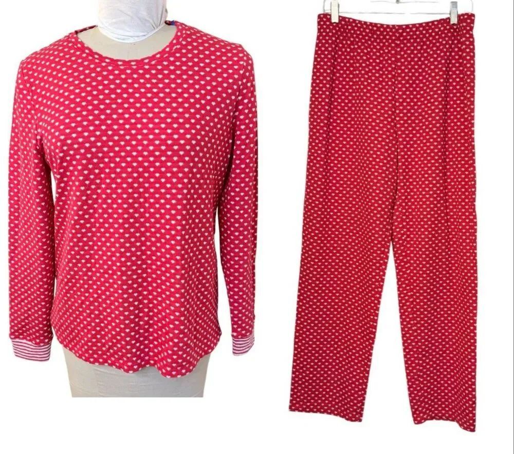 NWT Sleep Sense Two Piece Set Medium Red & White Micro Hearts Pattern Comfy Loun